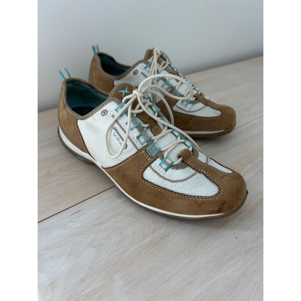 Aetrex ES73W Womens Tan Leather Mesh Walking Sneakers Turquoise Accents Size 7.5